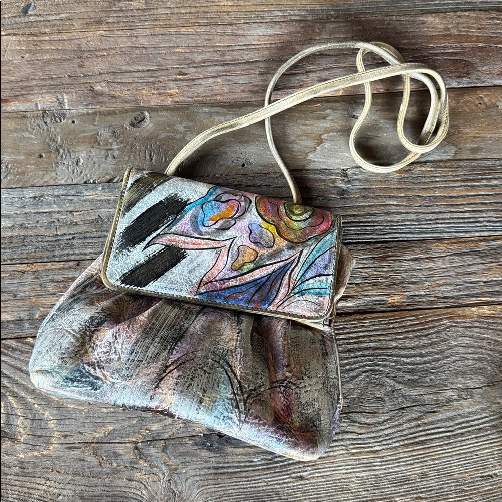 Jane Yoo handpainted leather‎ floral metallic crossbody purse